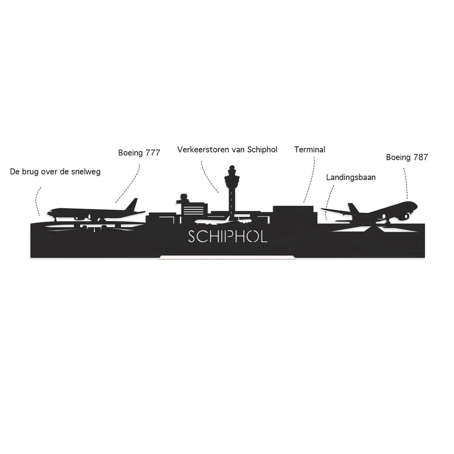 Skyline Klok Schiphol Black Zwart houten cadeau wanddecoratie relatiegeschenk van WoodWideCities