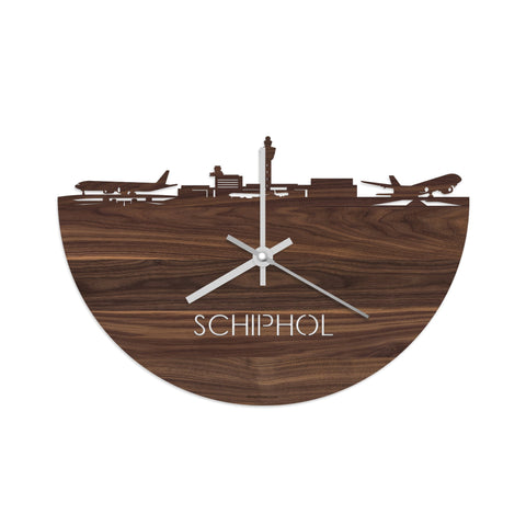 Skyline Klok Schiphol Noten houten cadeau wanddecoratie relatiegeschenk van WoodWideCities