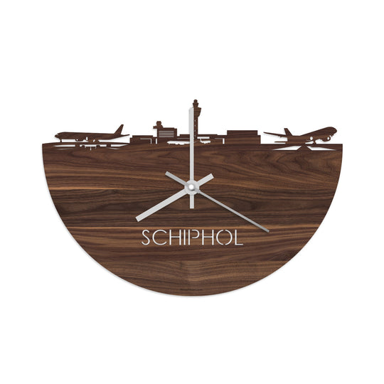 Skyline Klok Schiphol Noten houten cadeau wanddecoratie relatiegeschenk van WoodWideCities