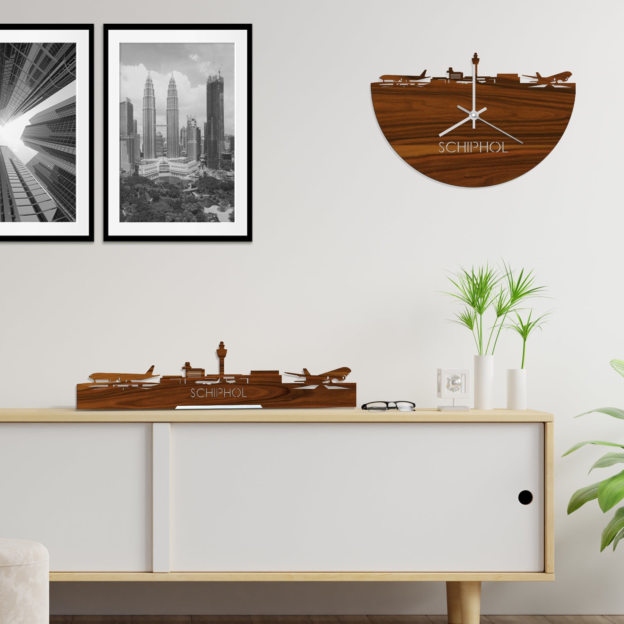 Skyline Klok Schiphol Palissander houten cadeau wanddecoratie relatiegeschenk van WoodWideCities