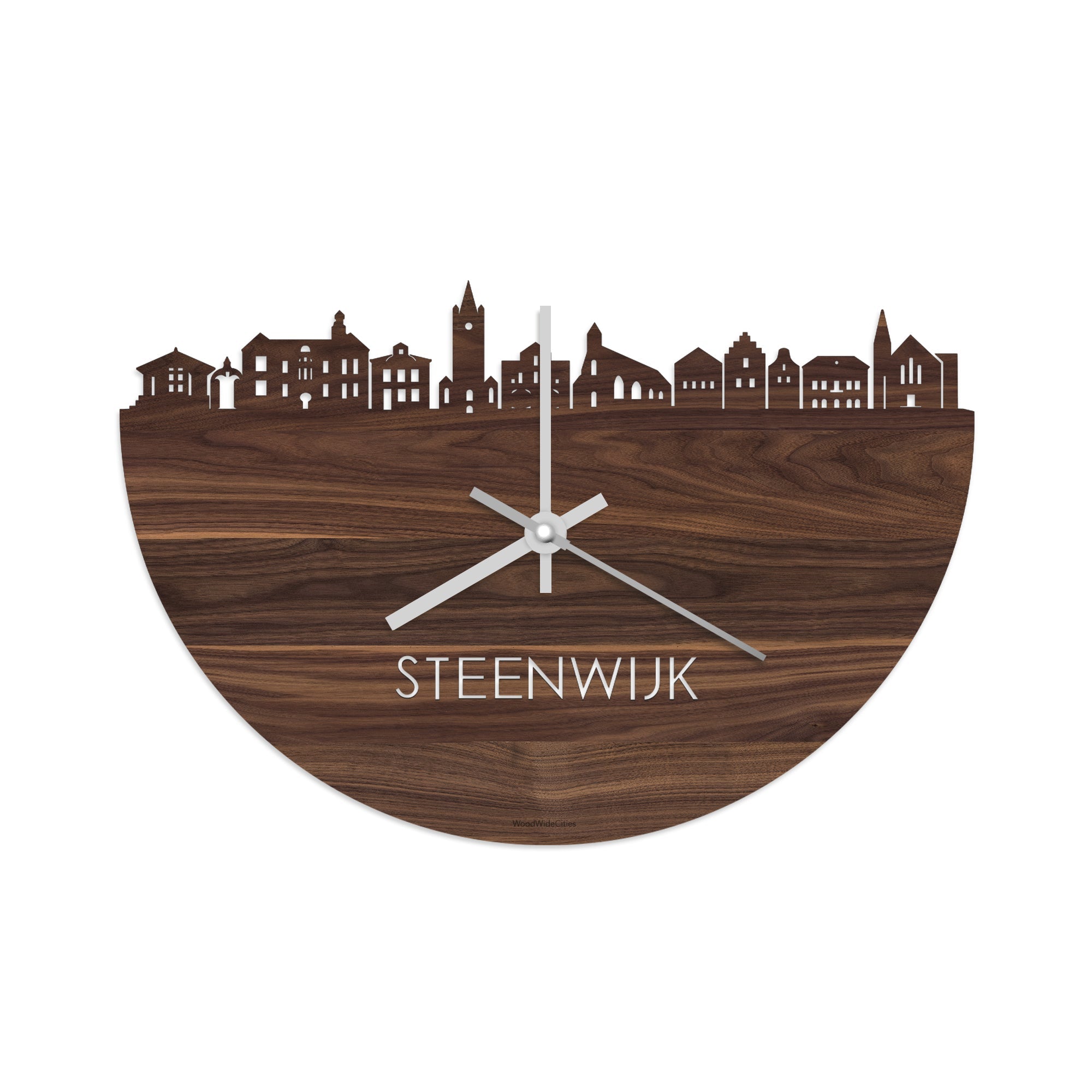 Skyline Klok Steenwijk Noten houten cadeau wanddecoratie relatiegeschenk van WoodWideCities