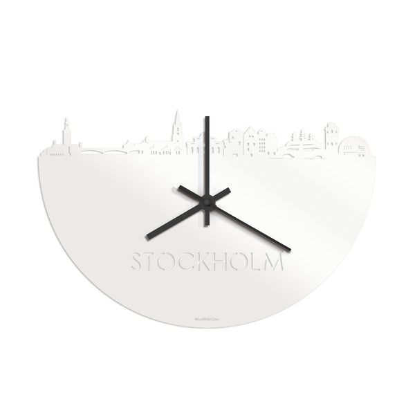Skyline Klok Stockholm Wit glanzend gerecycled kunststof cadeau decoratie relatiegeschenk van WoodWideCities