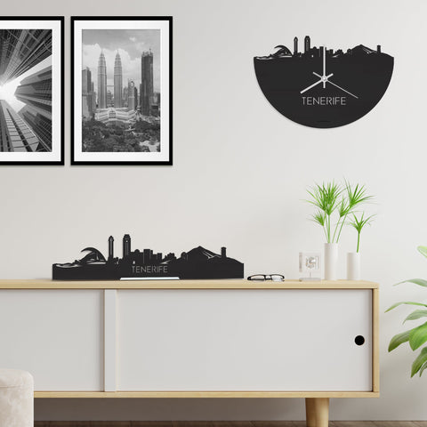 Skyline Klok Tenerife Black Zwart houten cadeau decoratie relatiegeschenk van WoodWideCities