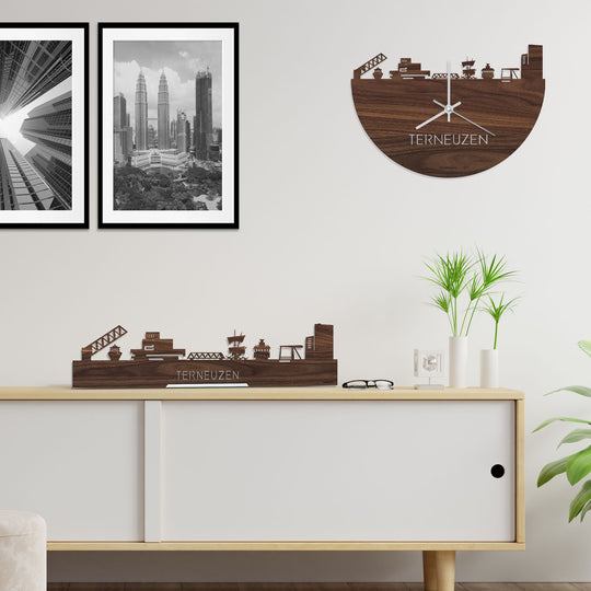 Skyline Klok Terneuzen Noten houten cadeau decoratie relatiegeschenk van WoodWideCities