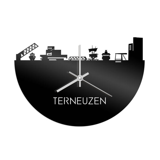 Skyline Klok Terneuzen Zwart glanzend gerecycled kunststof cadeau decoratie relatiegeschenk van WoodWideCities