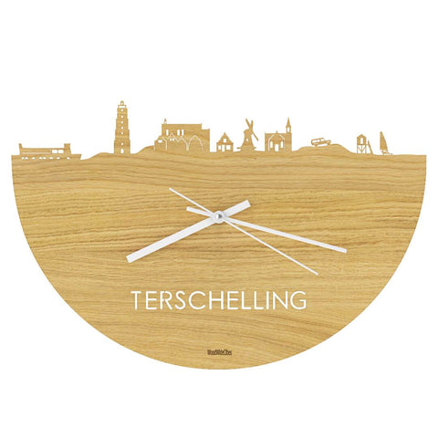 Skyline Klok Terschelling Eiken houten cadeau wanddecoratie relatiegeschenk van WoodWideCities
