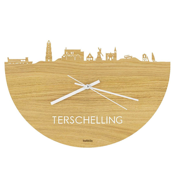 Skyline Klok Terschelling Eiken houten cadeau wanddecoratie relatiegeschenk van WoodWideCities