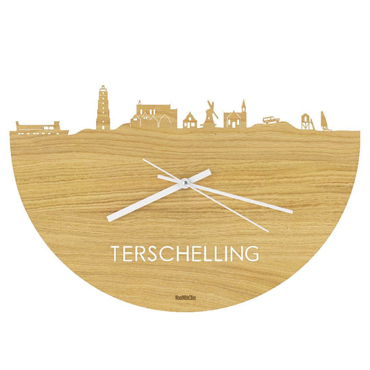 Skyline Klok Terschelling Eiken houten cadeau wanddecoratie relatiegeschenk van WoodWideCities