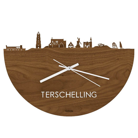 Skyline Klok Terschelling Noten houten cadeau wanddecoratie relatiegeschenk van WoodWideCities