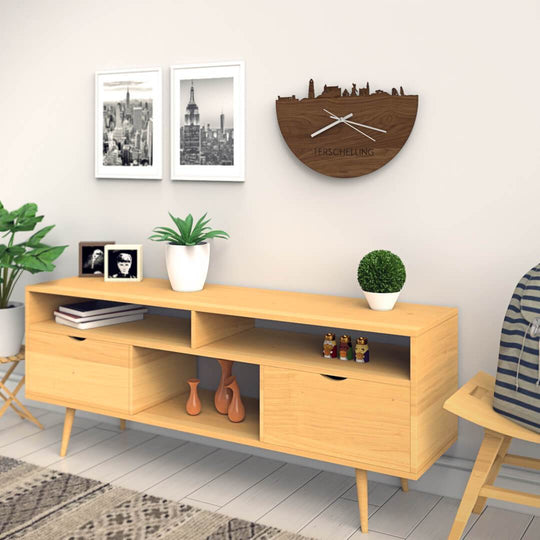 Skyline Klok Terschelling Noten houten cadeau wanddecoratie relatiegeschenk van WoodWideCities