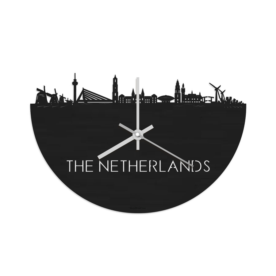 Skyline Klok The Netherlands Black Zwart houten cadeau decoratie relatiegeschenk van WoodWideCities