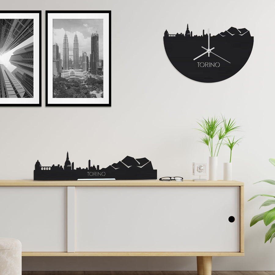 Skyline Klok Torino Black Zwart houten cadeau decoratie relatiegeschenk van WoodWideCities