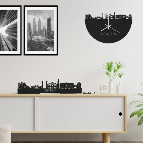 Skyline Klok Venezia Black Zwart houten cadeau wanddecoratie relatiegeschenk van WoodWideCities