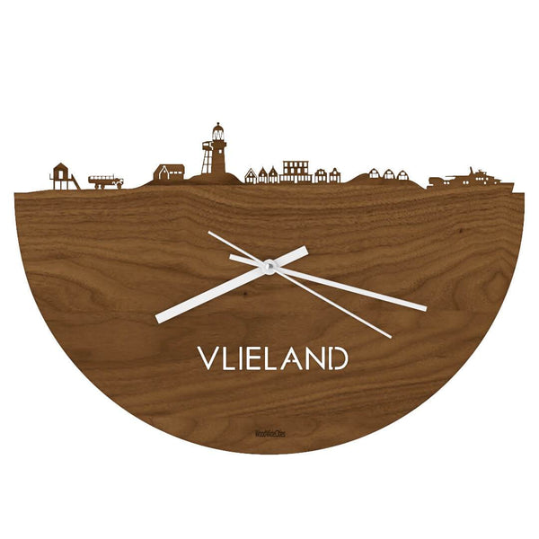 Skyline Klok Vlieland Noten houten cadeau wanddecoratie relatiegeschenk van WoodWideCities