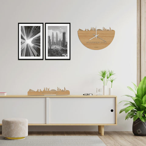 Skyline Klok WoodWideCities Bamboe houten cadeau wanddecoratie relatiegeschenk van WoodWideCities