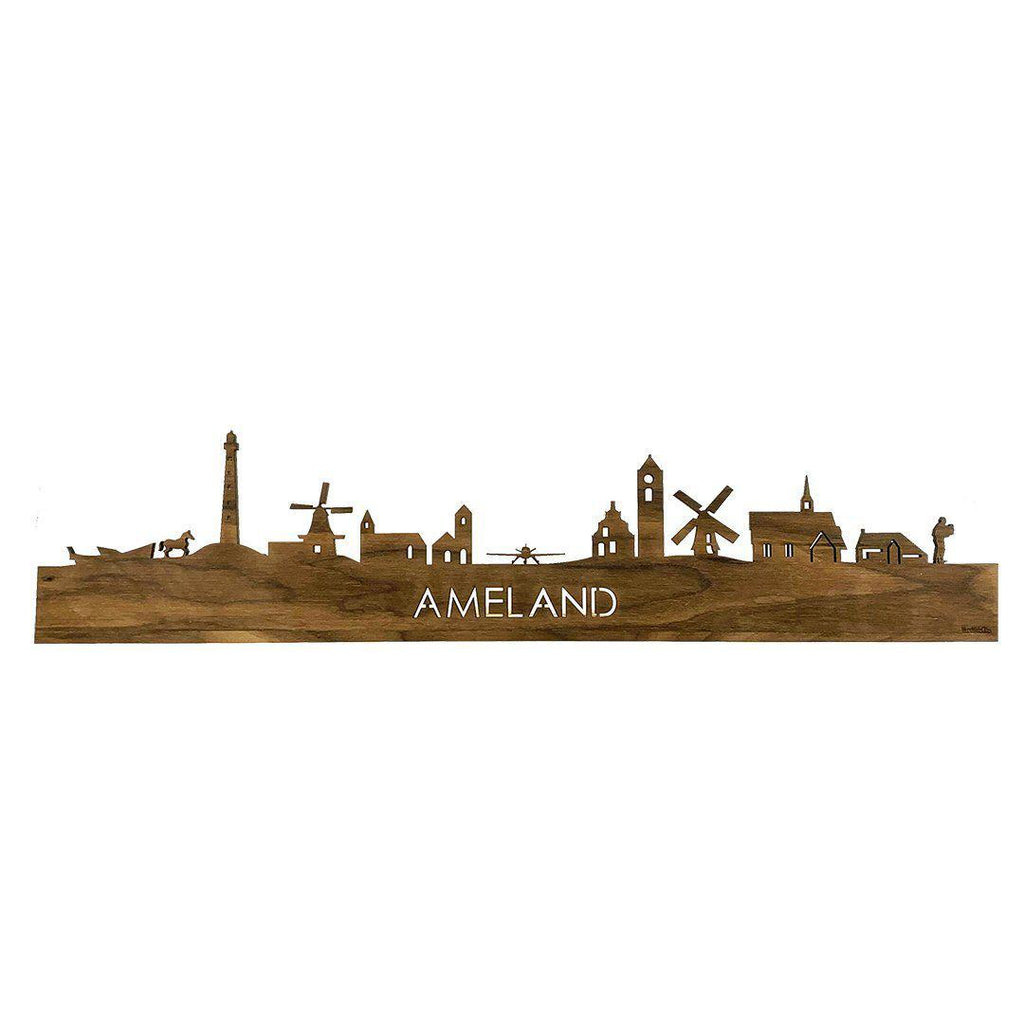 Skyline Magneet Ameland Noten houten cadeau decoratie relatiegeschenk van WoodWideCities