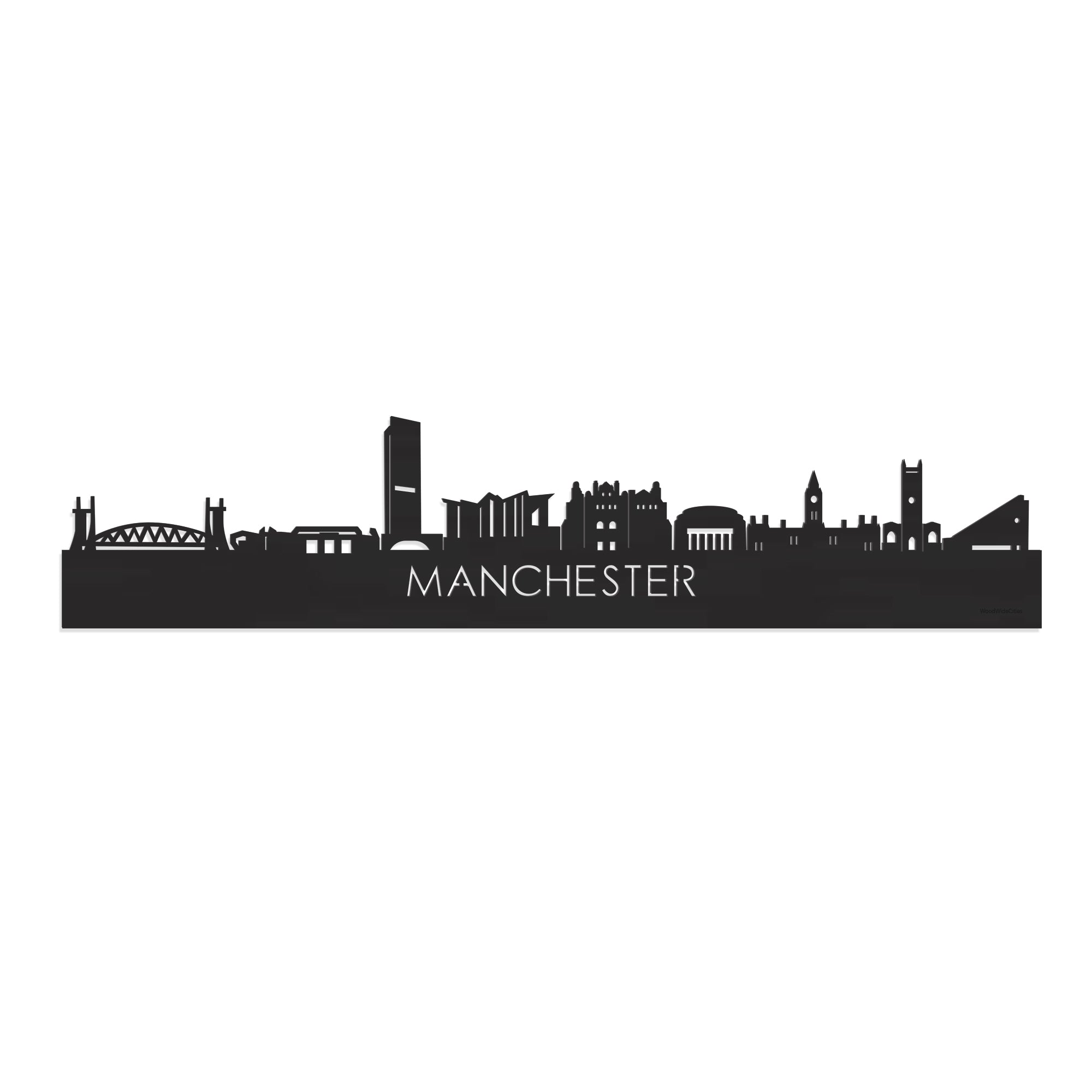 Skyline Manchester Zwart houten cadeau decoratie relatiegeschenk van WoodWideCities