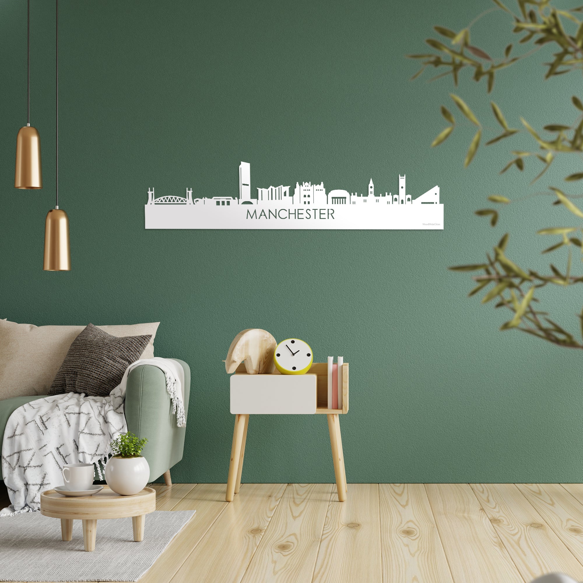 Skyline Manchester Wit glanzend gerecycled kunststof cadeau decoratie relatiegeschenk van WoodWideCities