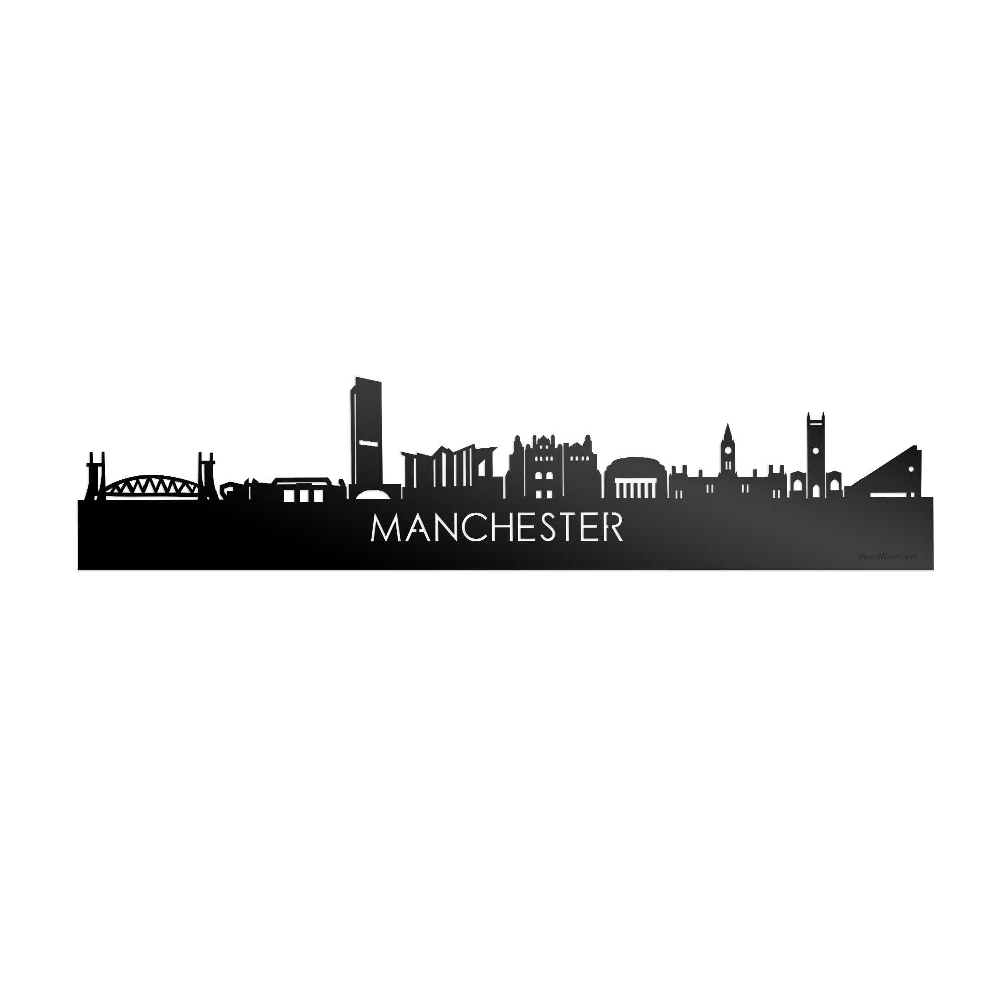 Skyline Manchester Zwart glanzend gerecycled kunststof cadeau decoratie relatiegeschenk van WoodWideCities