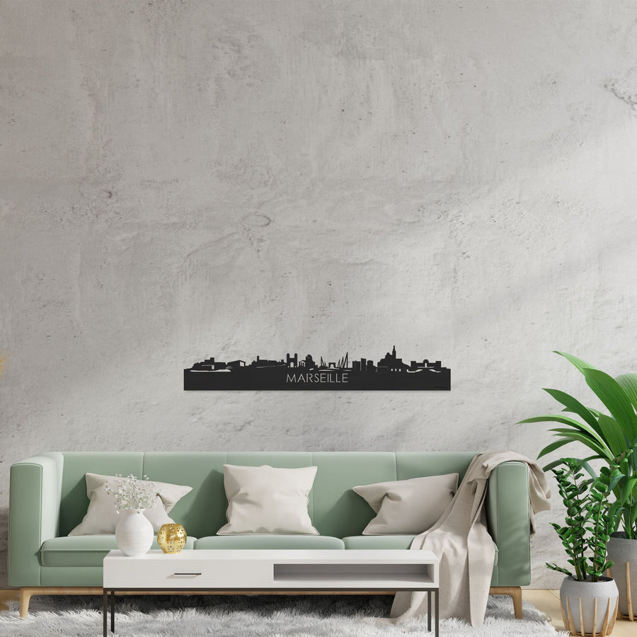 Skyline Marseille Zwart houten cadeau decoratie relatiegeschenk van WoodWideCities