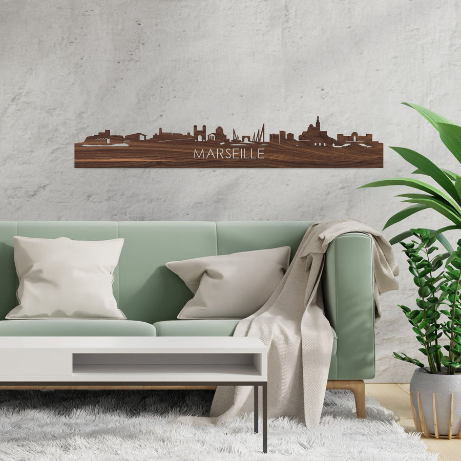 Skyline Marseille Noten houten cadeau decoratie relatiegeschenk van WoodWideCities