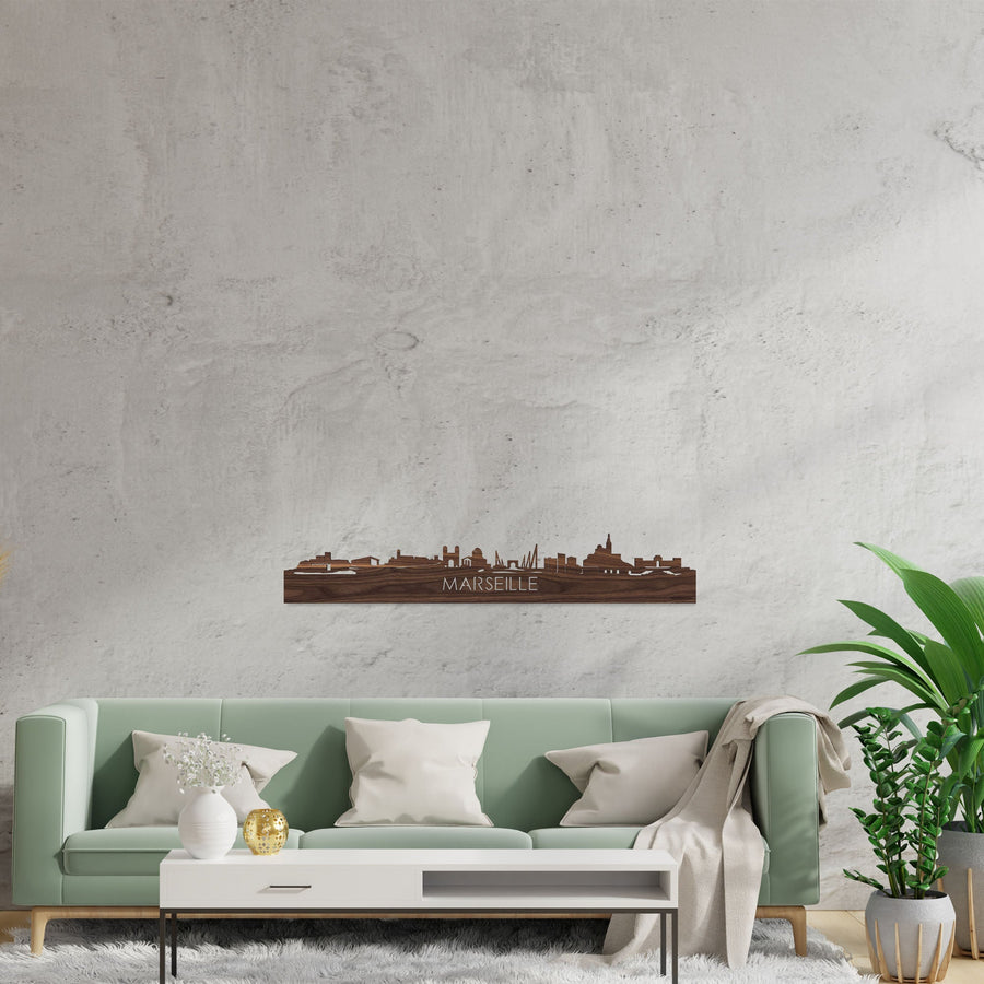 Skyline Marseille Noten houten cadeau decoratie relatiegeschenk van WoodWideCities
