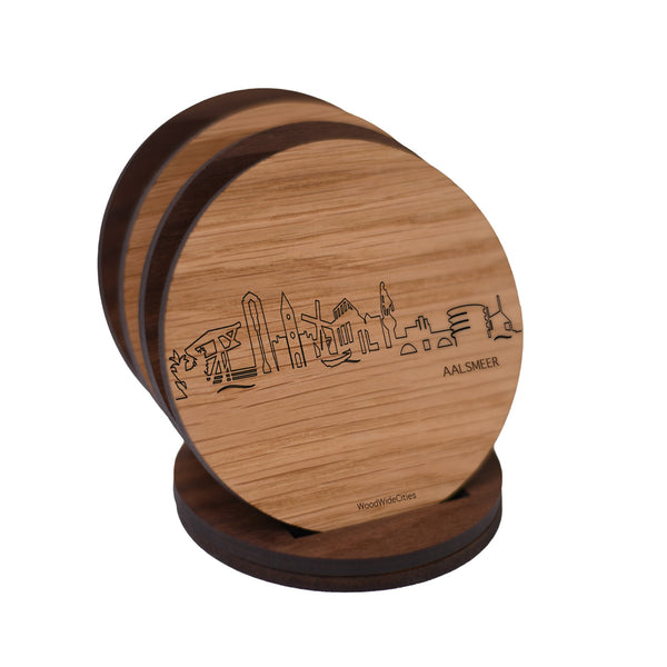 Skyline Onderzetters Aalsmeer Eiken en noten houten cadeau decoratie relatiegeschenk van WoodWideCities