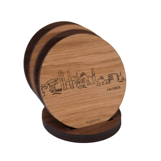 Skyline Onderzetters Aalsmeer Eiken en noten houten cadeau decoratie relatiegeschenk van WoodWideCities