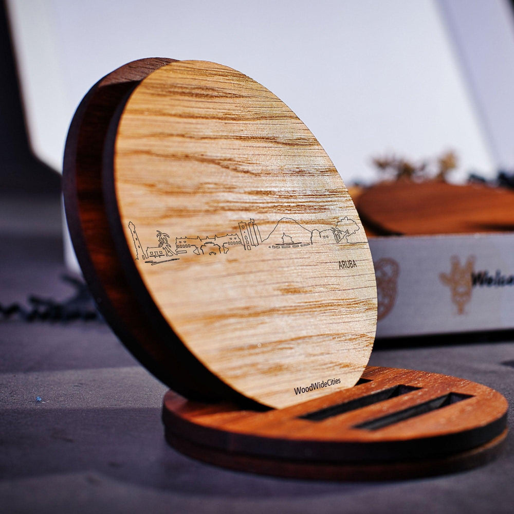 Skyline Onderzetters Aruba Eiken en noten houten cadeau decoratie relatiegeschenk van WoodWideCities