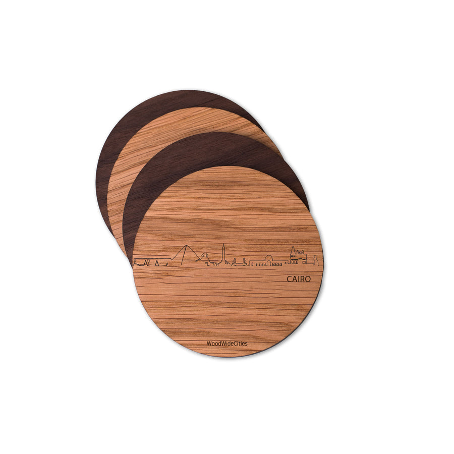 Skyline Onderzetters Cairo Eiken en noten houten cadeau decoratie relatiegeschenk van WoodWideCities