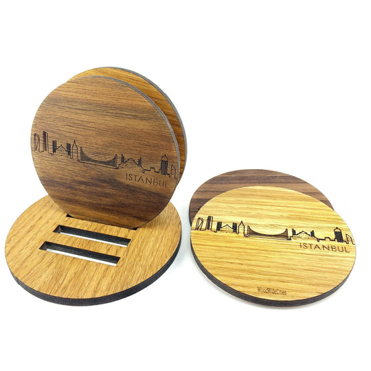 Skyline Onderzetters Istanbul Eiken en noten houten cadeau decoratie relatiegeschenk van WoodWideCities