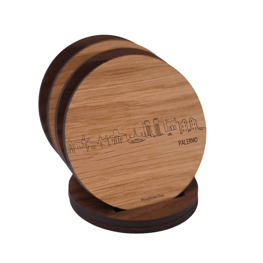 Skyline Onderzetters Palermo Eiken en noten houten cadeau decoratie relatiegeschenk van WoodWideCities