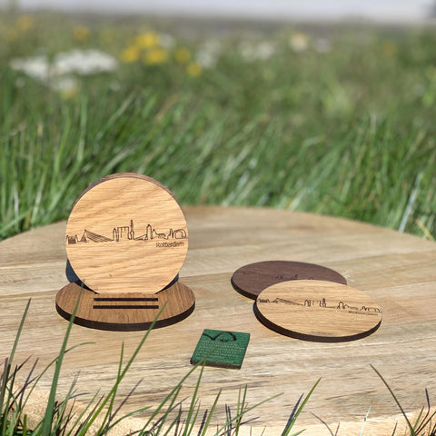 Skyline Onderzetters Rotterdam Eiken en noten houten cadeau decoratie relatiegeschenk van WoodWideCities