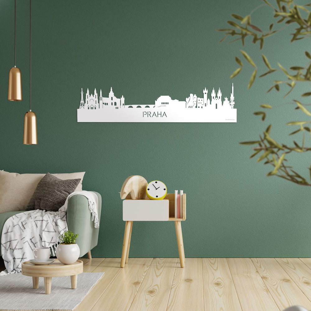 Skyline Praha Wit glanzend gerecycled kunststof cadeau decoratie relatiegeschenk van WoodWideCities