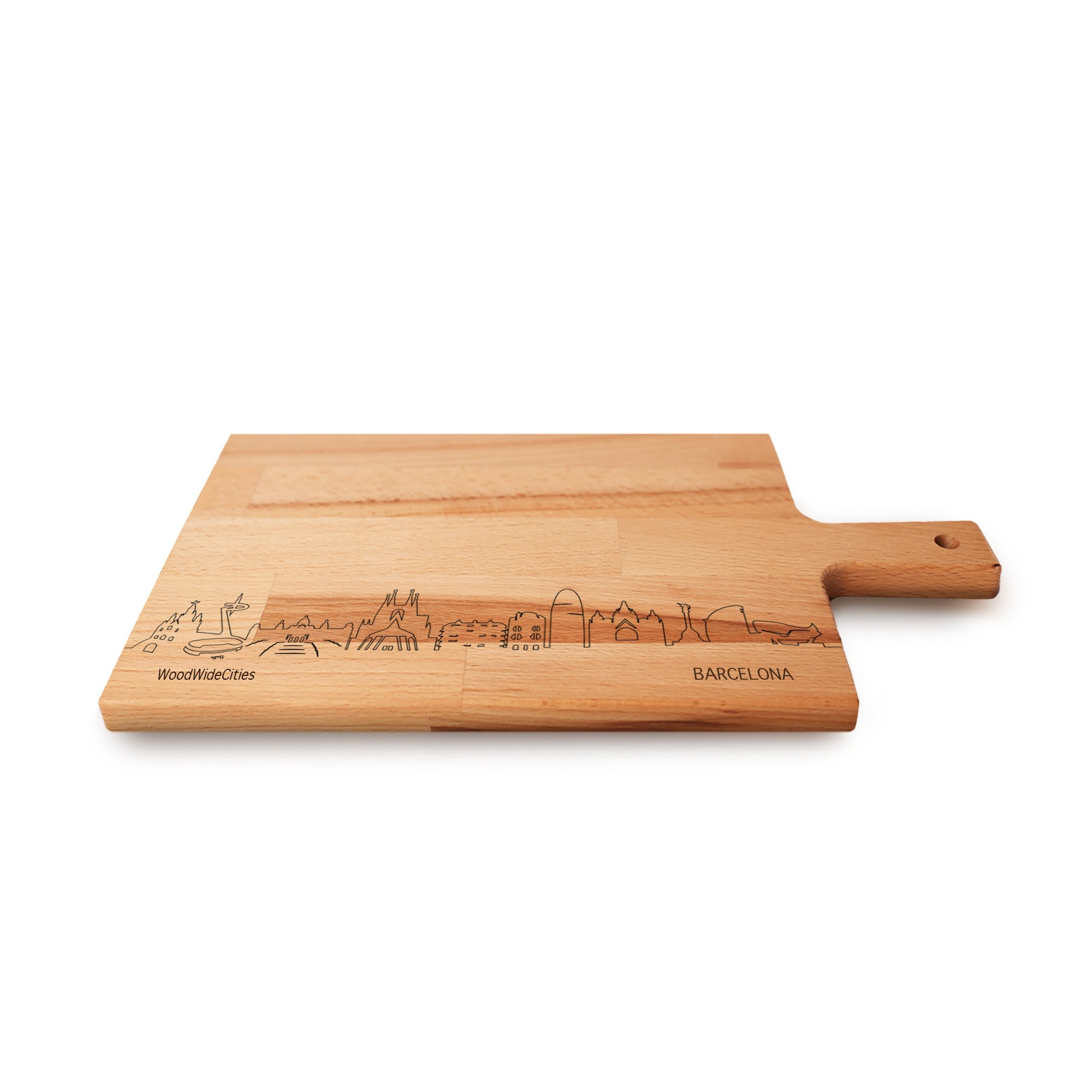 Skyline Serveerplank Barcelona houten cadeau decoratie relatiegeschenk van WoodWideCities