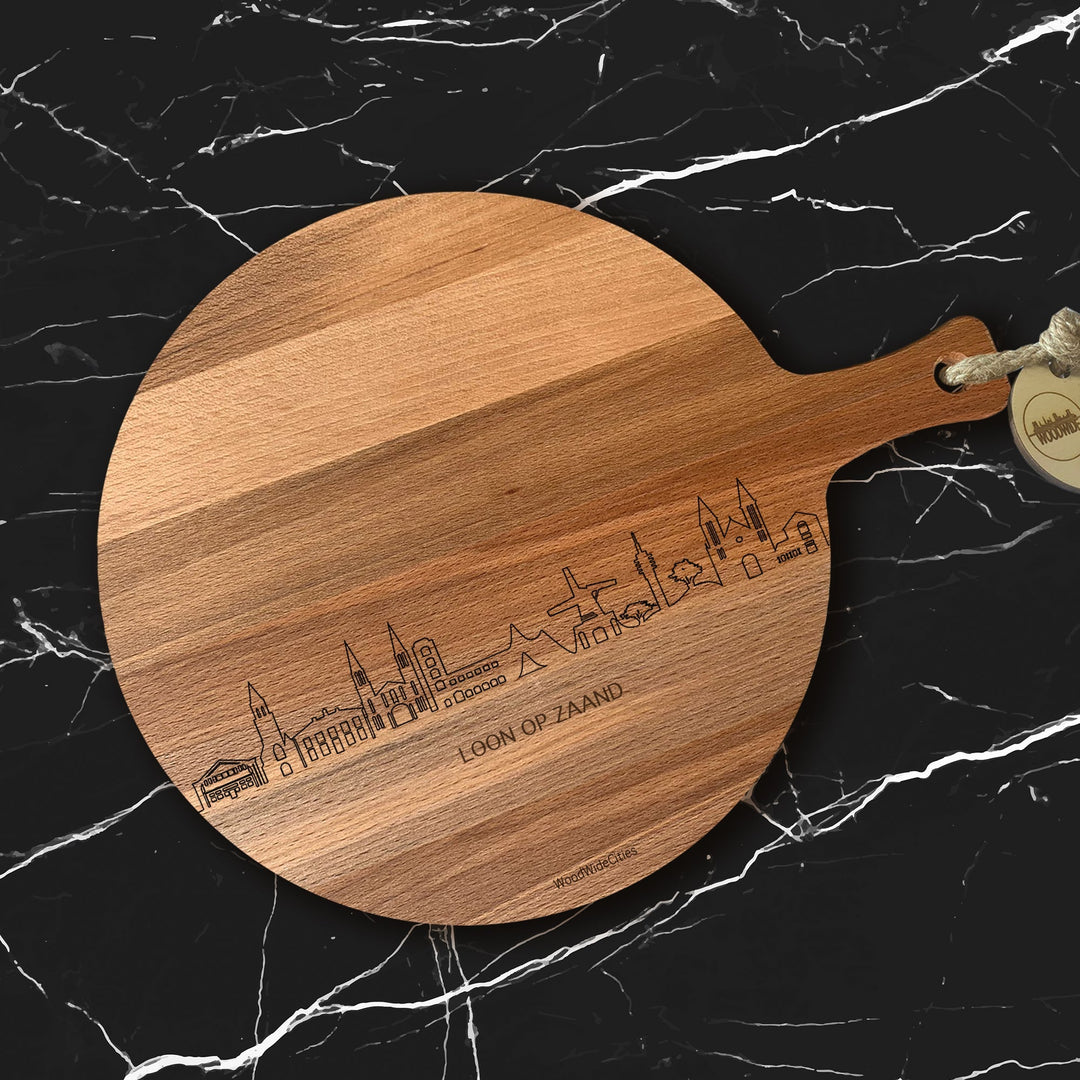 Skyline Serveerplank Rond Loon op Zand houten cadeau decoratie relatiegeschenk van WoodWideCities