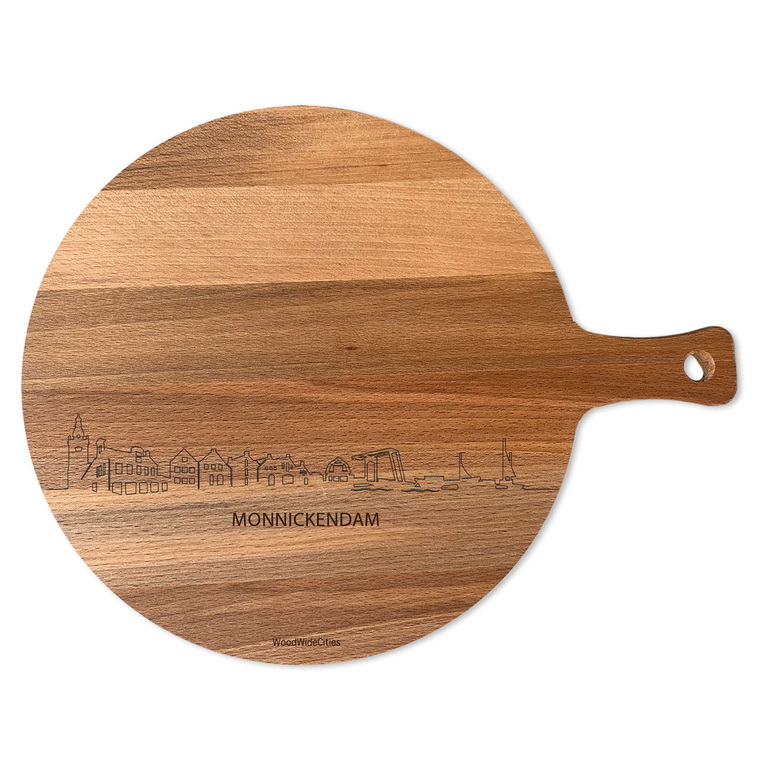 Skyline Serveerplank Rond Monnickendam houten cadeau decoratie relatiegeschenk van WoodWideCities
