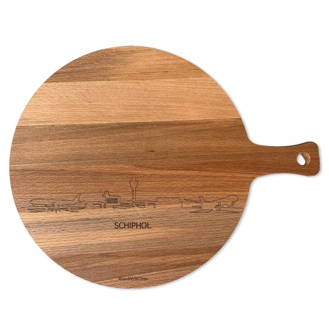 Skyline Serveerplank Rond Schiphol houten cadeau decoratie relatiegeschenk van WoodWideCities