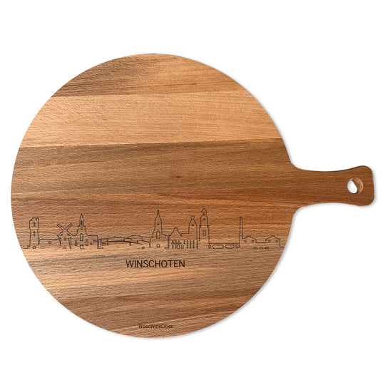 Skyline Serveerplank Rond Winschoten houten cadeau decoratie relatiegeschenk van WoodWideCities