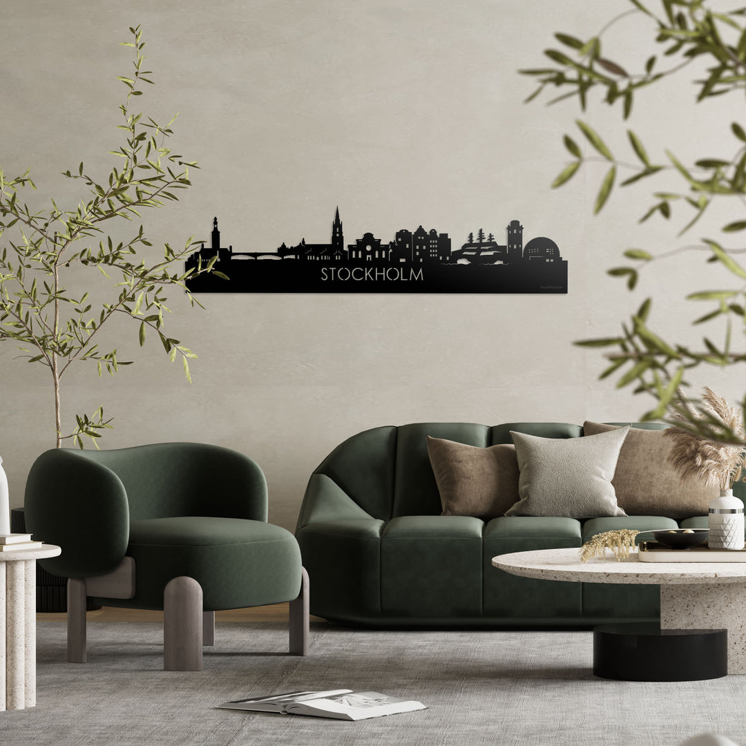 Skyline Stockholm Zwart glanzend gerecycled kunststof cadeau decoratie relatiegeschenk van WoodWideCities