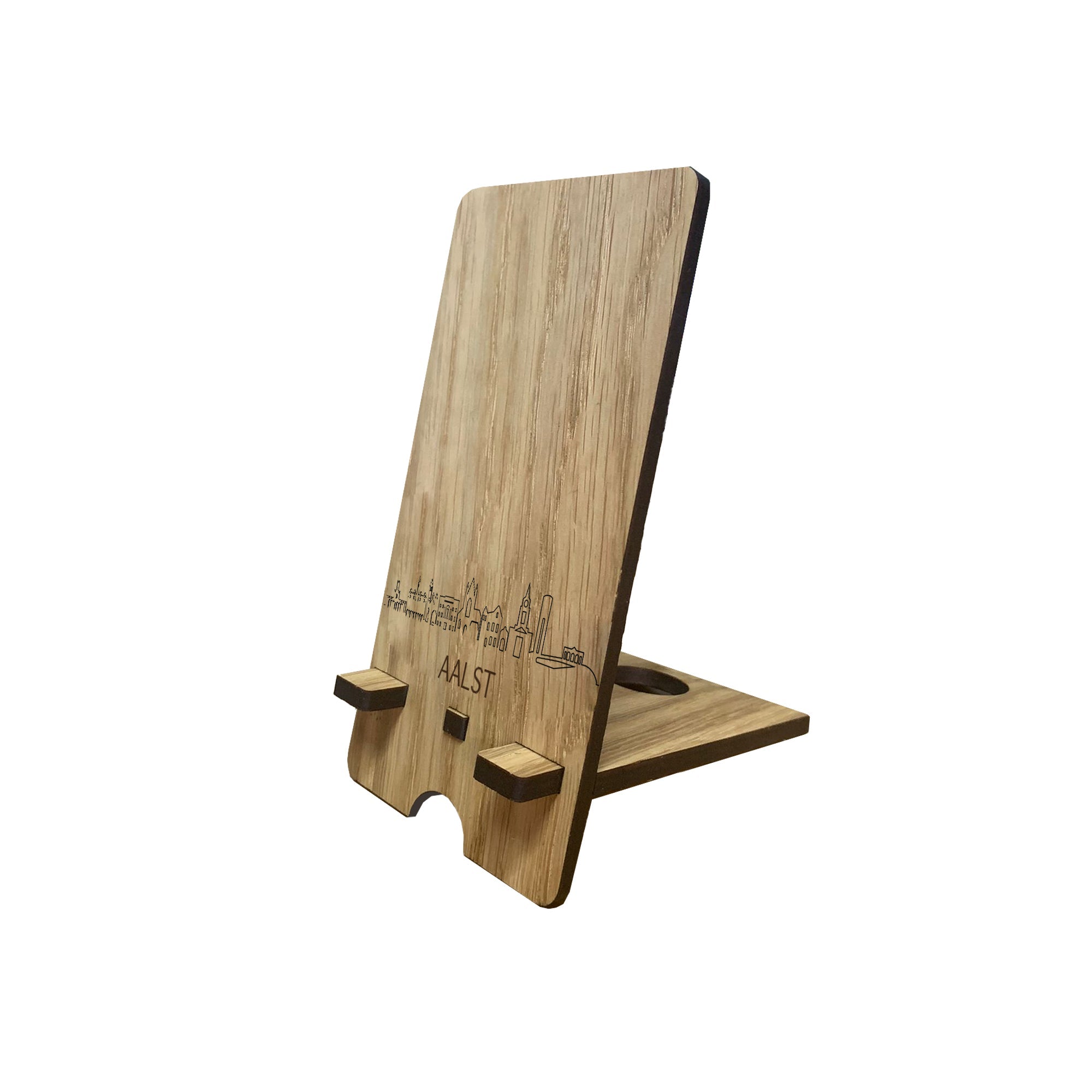 Skyline Telefoonhouder Aalst Eiken houten cadeau decoratie relatiegeschenk van WoodWideCities