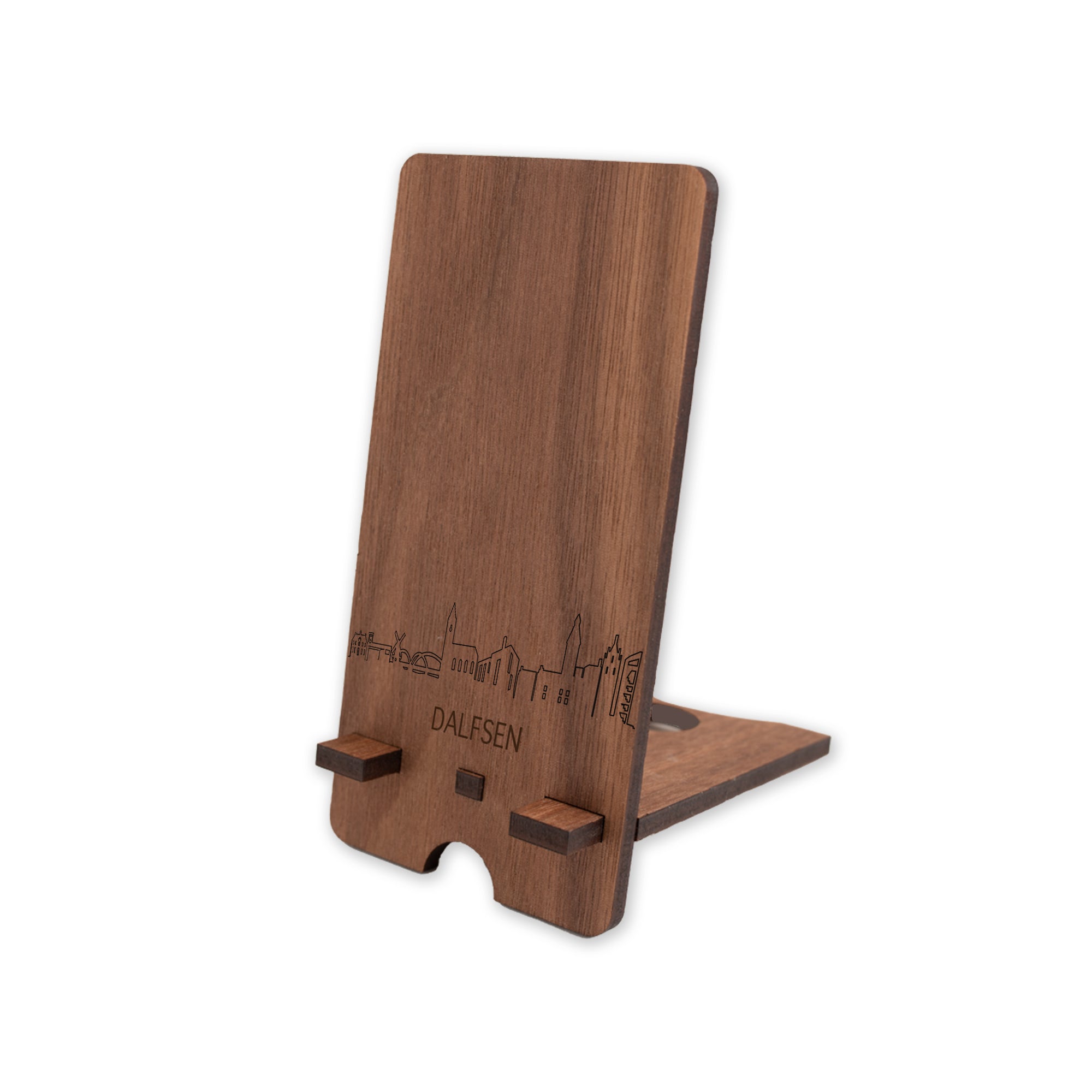 Skyline Telefoonhouder Dalfsen houten cadeau decoratie relatiegeschenk van WoodWideCities