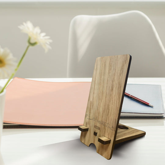 Skyline Telefoonhouder Veessen houten cadeau decoratie relatiegeschenk van WoodWideCities