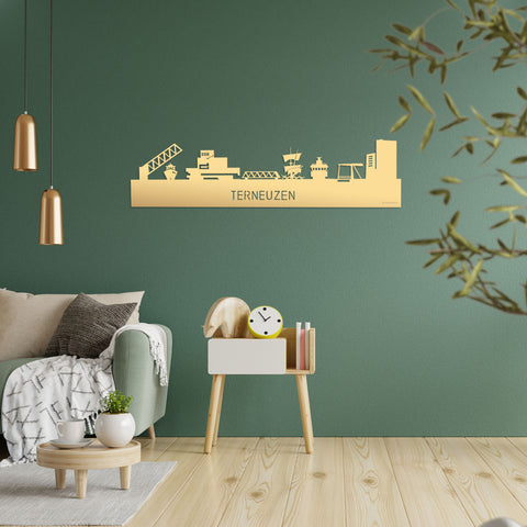 Skyline Terneuzen Metallic Goud gerecycled kunststof cadeau decoratie relatiegeschenk van WoodWideCities