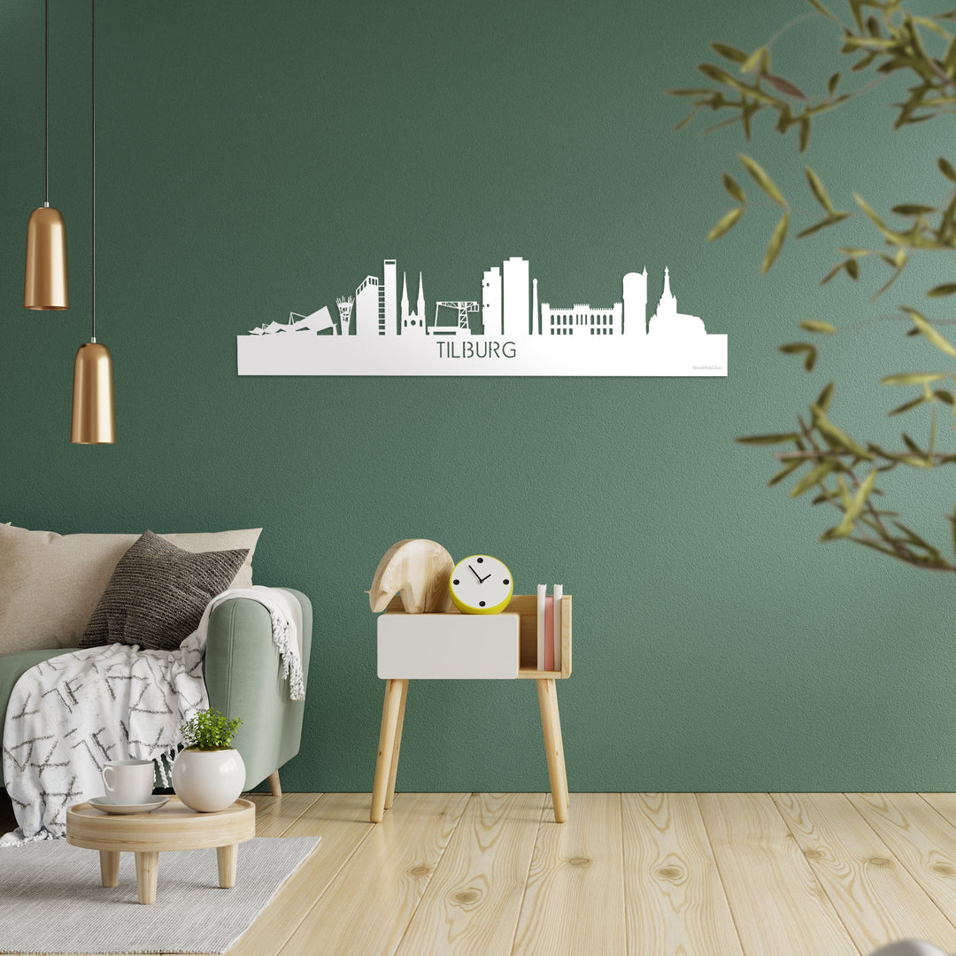Skyline Tilburg Wit Glanzend houten cadeau decoratie relatiegeschenk van WoodWideCities