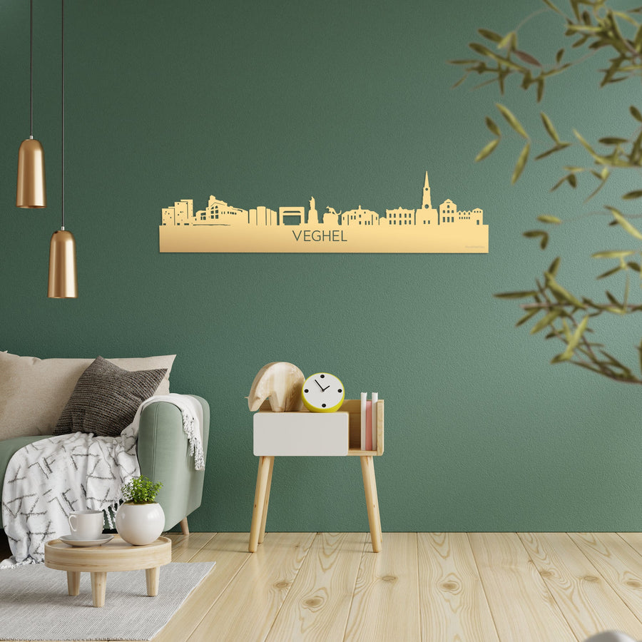 Skyline Veghel Metallic Goud gerecycled kunststof cadeau decoratie relatiegeschenk van WoodWideCities