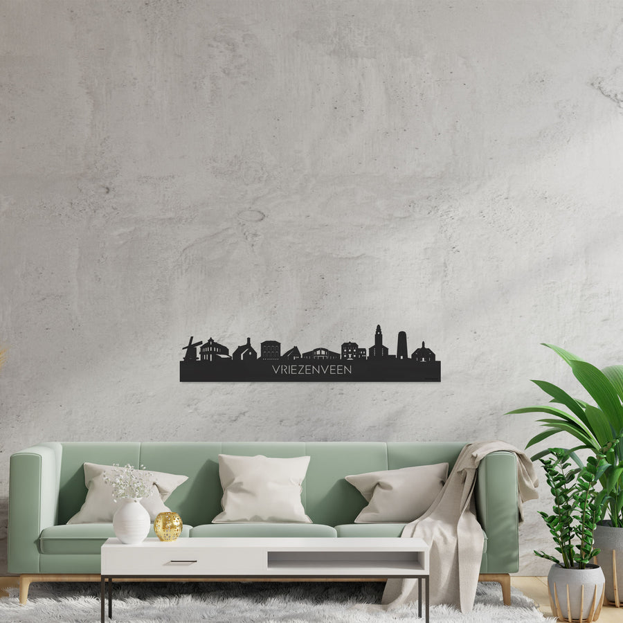 Skyline Vriezenveen Zwart houten cadeau decoratie relatiegeschenk van WoodWideCities