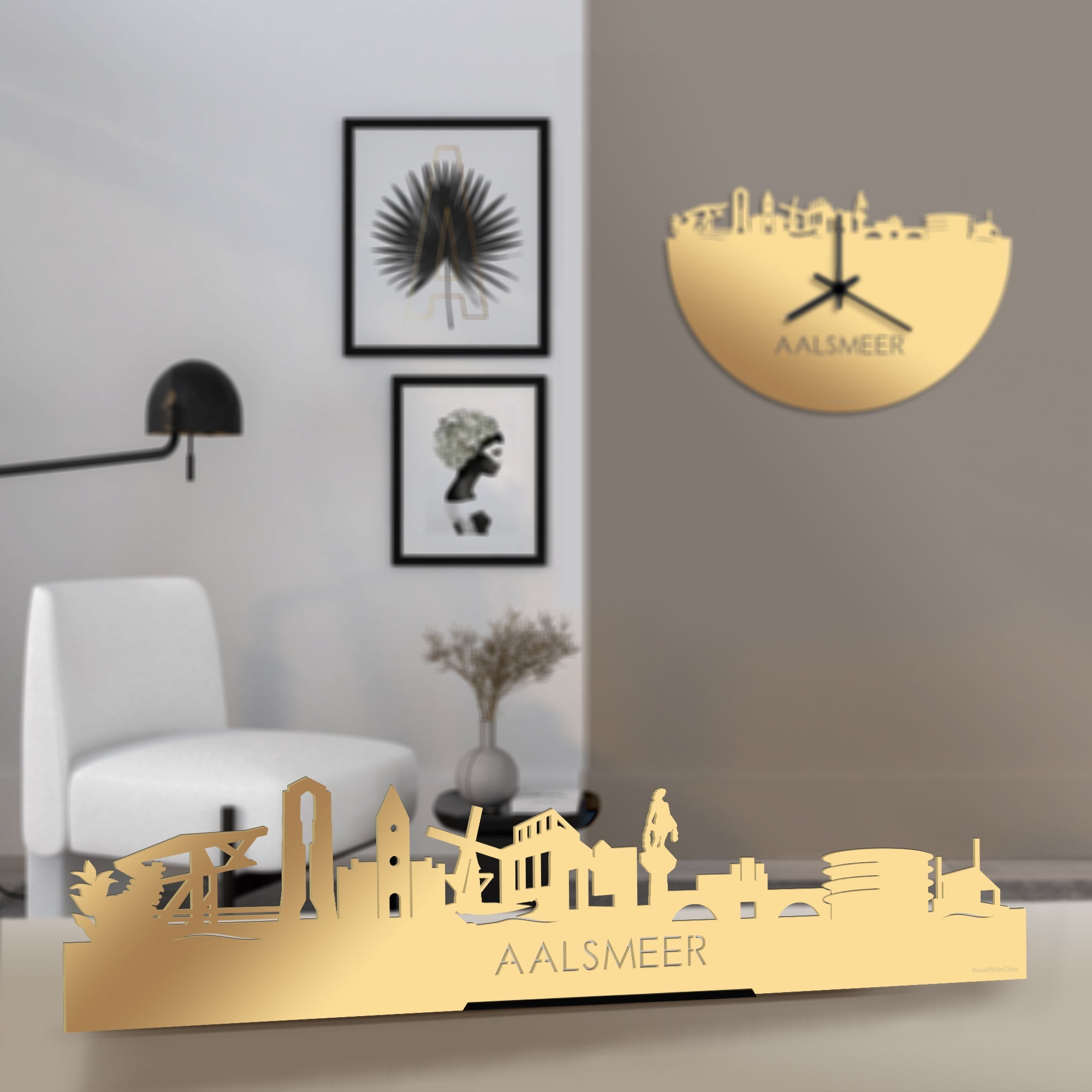 Standing Skyline Aalsmeer Metallic Goud gerecycled kunststof cadeau decoratie relatiegeschenk van WoodWideCities