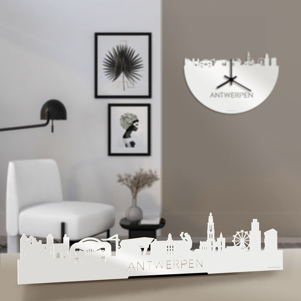 Standing Skyline Antwerpen Wit glanzend gerecycled kunststof cadeau decoratie relatiegeschenk van WoodWideCities