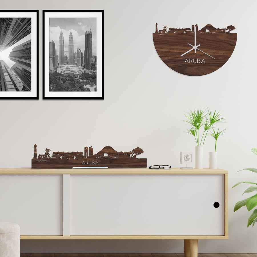 Standing Skyline Aruba Noten houten cadeau decoratie relatiegeschenk van WoodWideCities